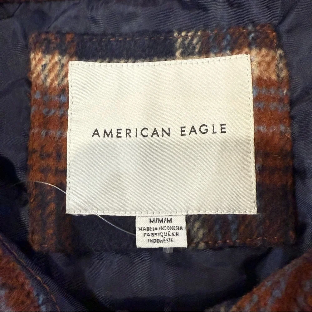 American Eagle Plaid Oversized Lined Shacket Women’s Medium Brown/Navy Jacket - Picture 4 of 9